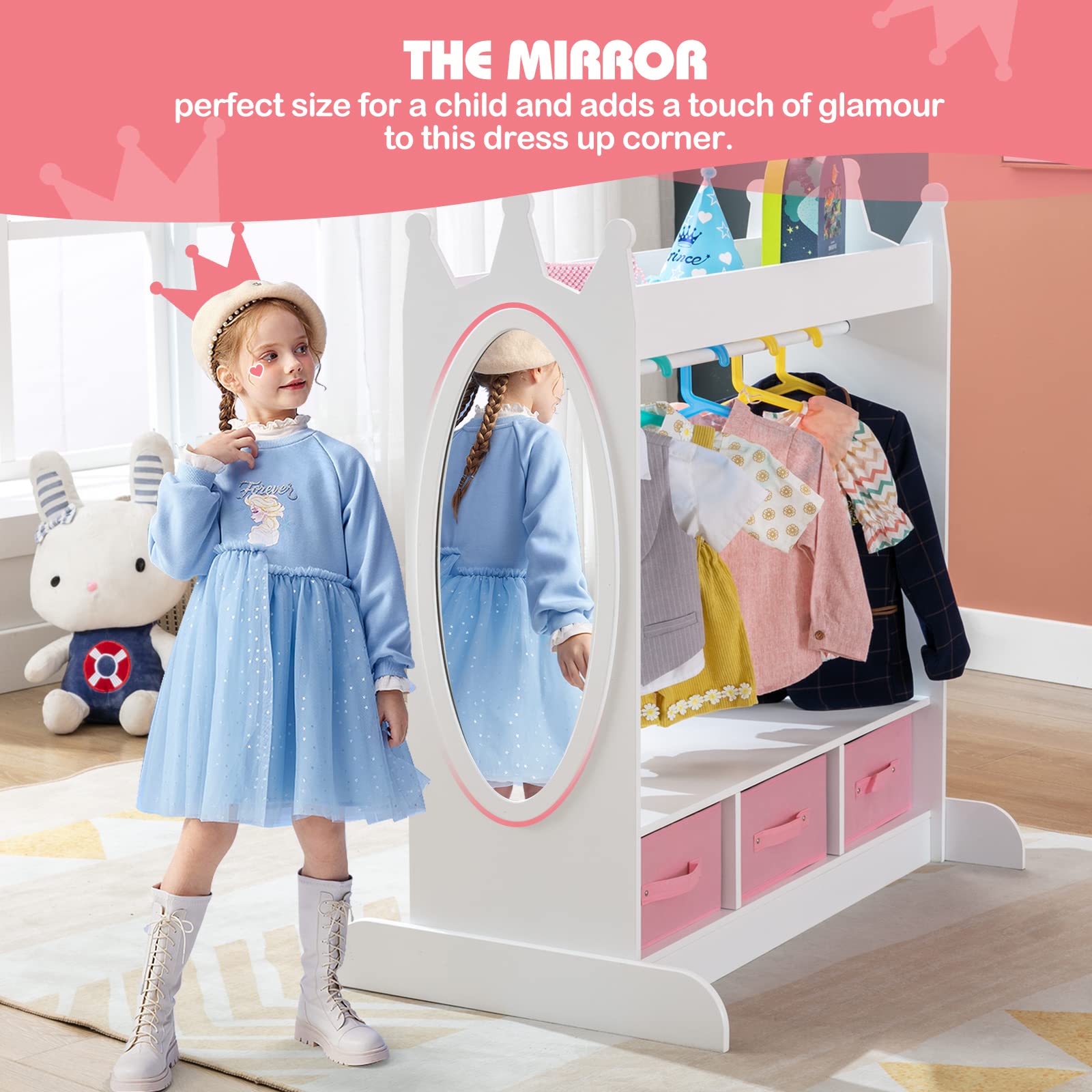 White Kids Armoire Dress-Up Storage with Mirror and Drawers - Costume Wardrobe Closet with Side Pockets & Shoe Shelf for Girls Bedroom - Perfect for Pretend Play, Toy Organization & Kids Room Decor