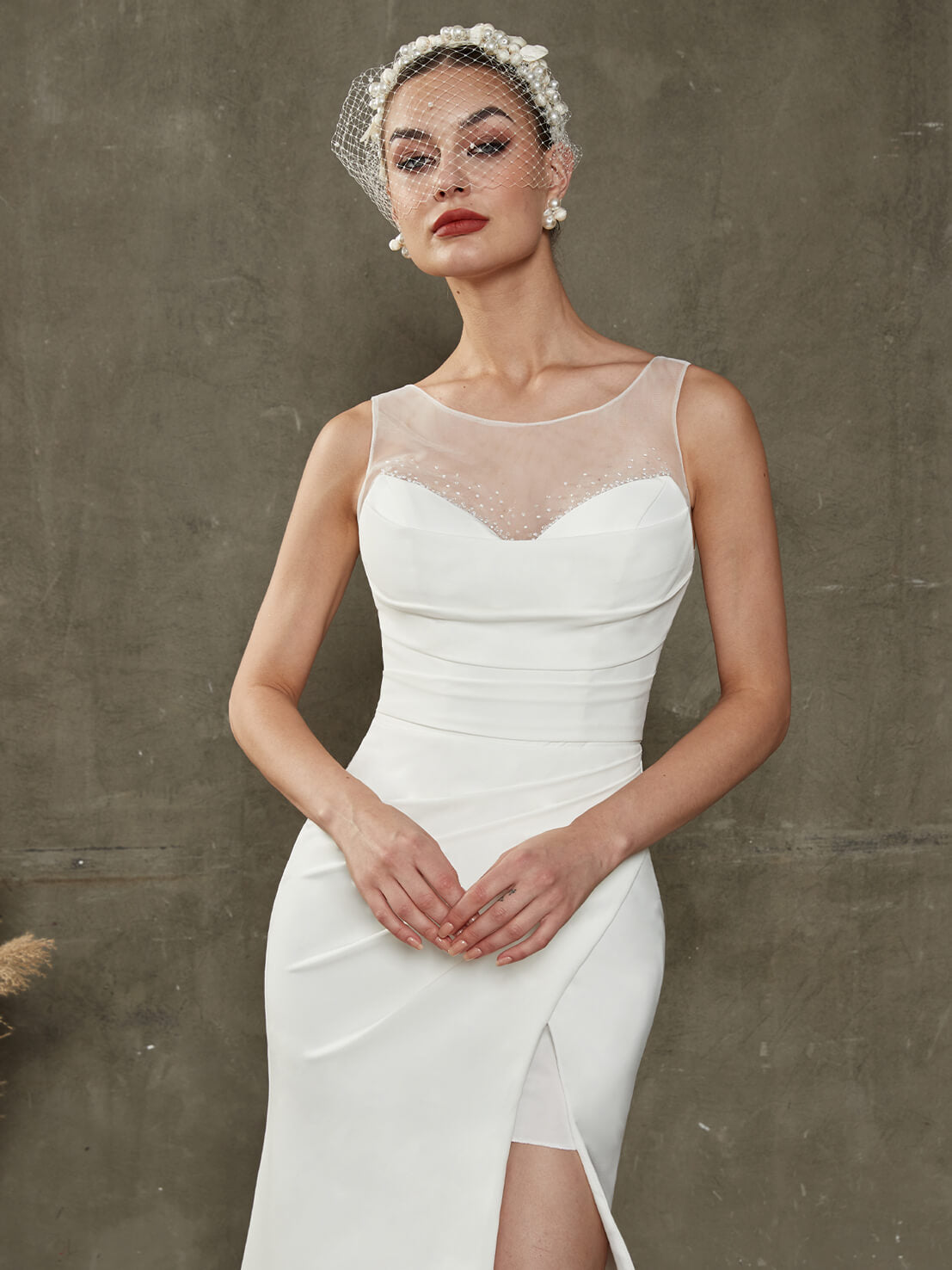 Elegant Double FDY Pleated High Slit Sheer Back Mermaid Wedding Dress with Train - Perfect for Beach, Church, and Formal Wedding Ceremonies