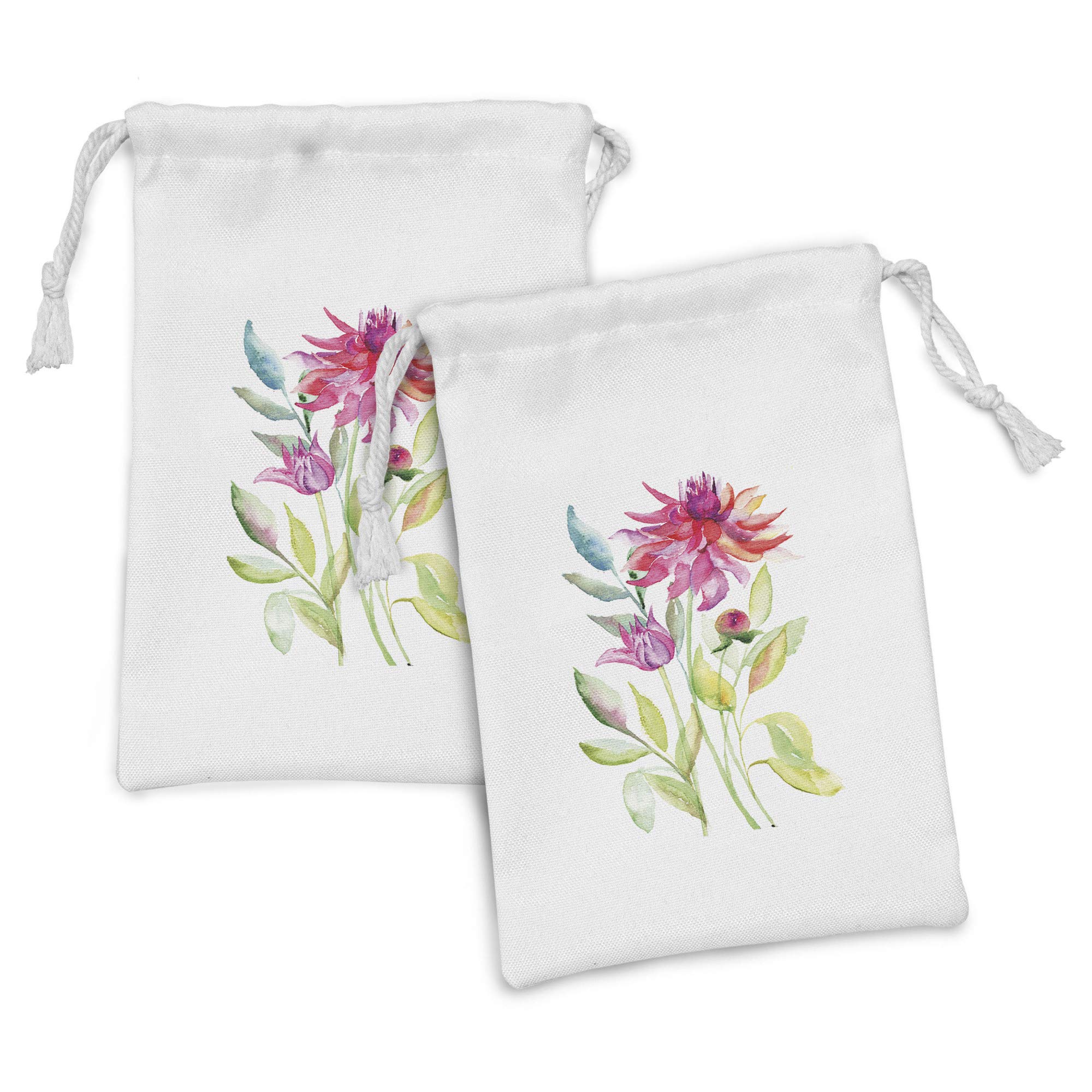 Ambesonne 2-Pack Dahlia Fabric Drawstring Pouch Set - Floral Paintbrush Flower Design, Small 9