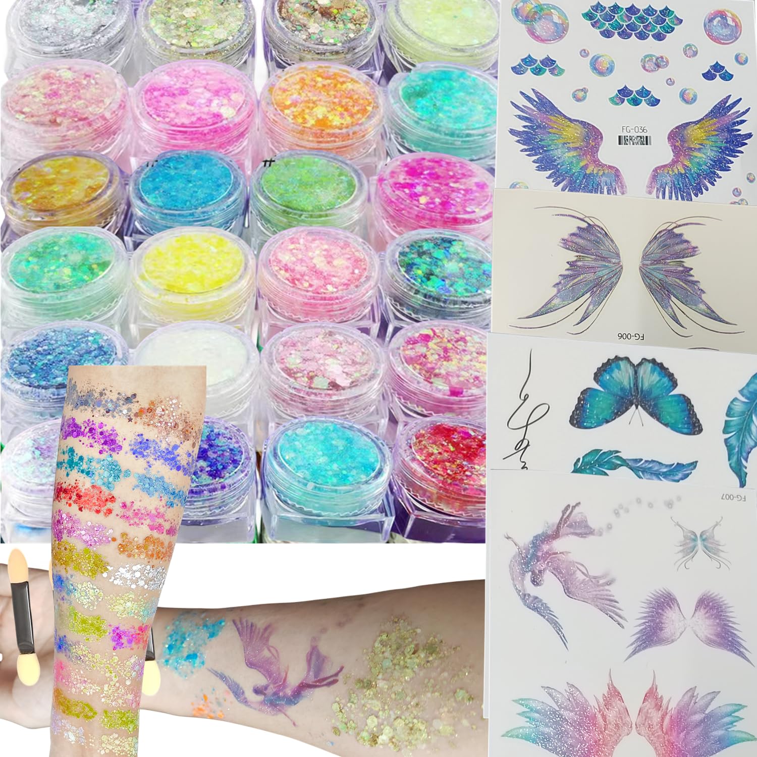 24-Color Body Glitter Gel & 32 Fashion Temporary Tattoos Kit - Chunky Sequin Glitter Makeup for Festival, Birthday Parties, Raves & Cosplay - Includes 4 Brushes for Easy Application