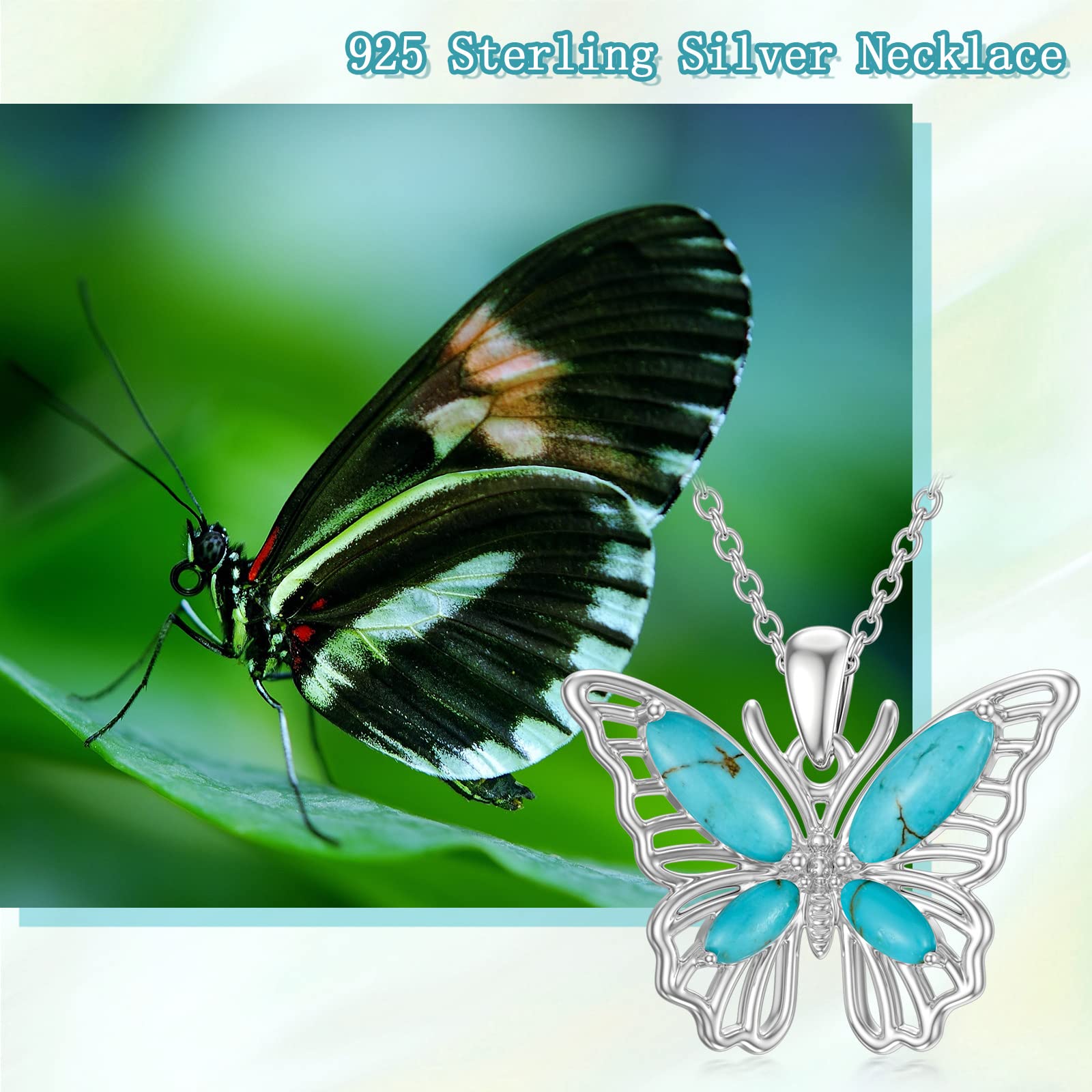 925 Sterling Silver Turquoise Butterfly Necklace for Women - Genuine Natural Stone Pendant Jewelry Gift for Christmas, Birthday, Anniversary | Elegant Boho Fashion Accessory for Parties, Date Night & Special Occasions