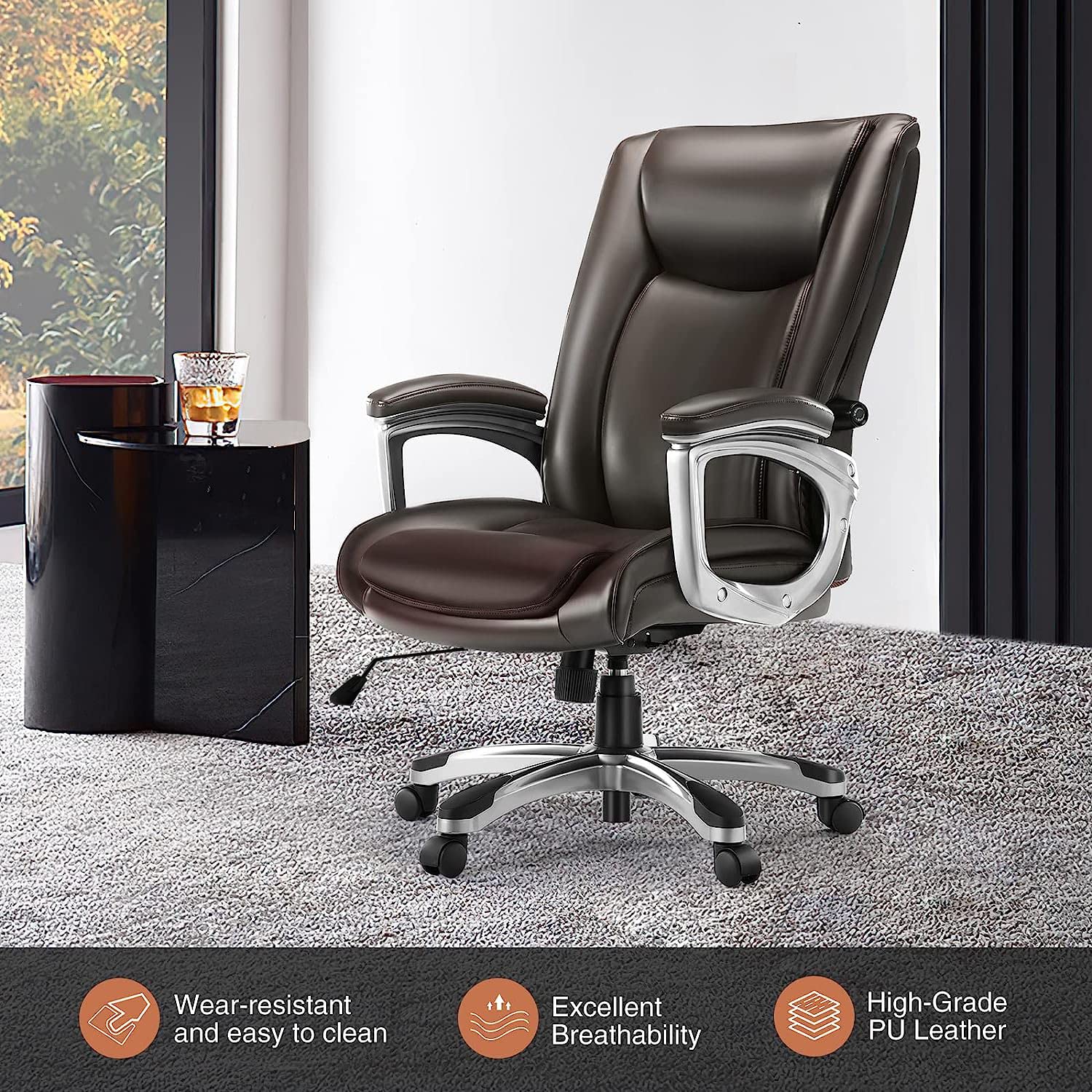 Ergonomic High Back Executive Swivel Chair - Adjustable Office Chair for Adults with Lumbar Support, Brown Leather - Perfect for Home Office, Conference Rooms & Corporate Workspaces