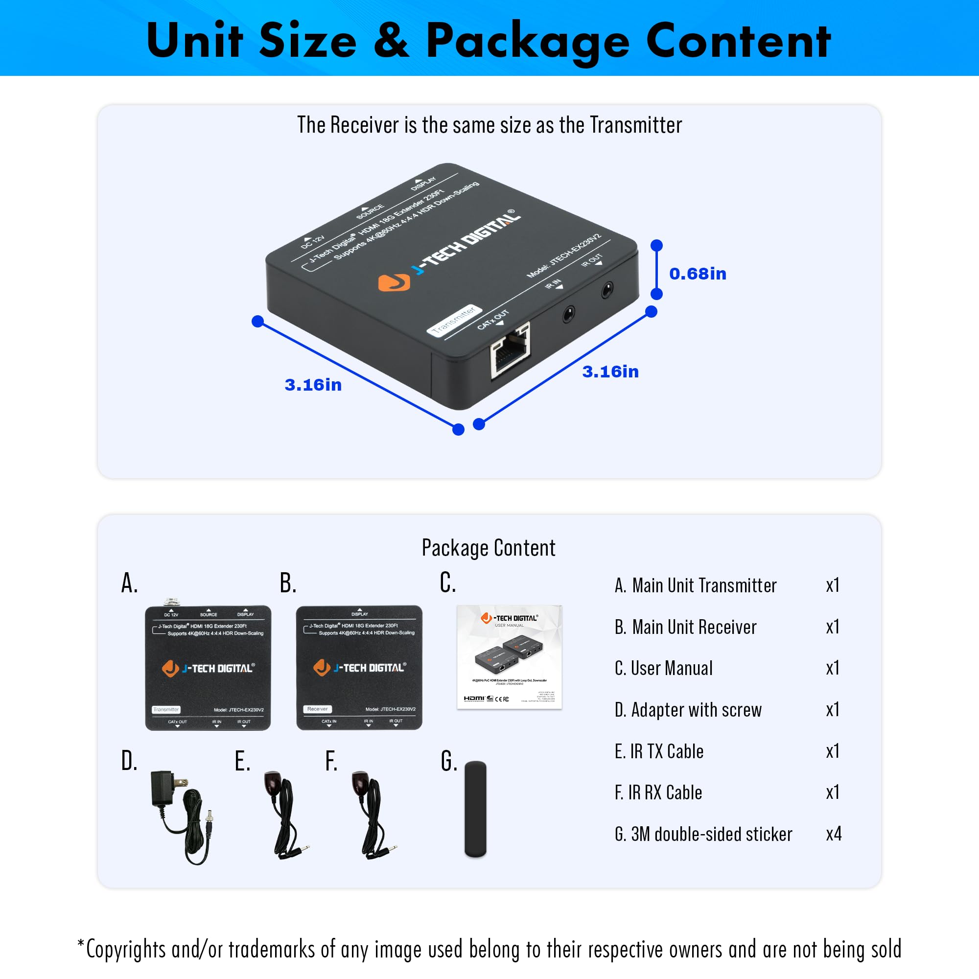 J-Tech Digital HDMI Extender 4K 60Hz Over Cat5e/6 Ethernet Cable - 230ft Range with 4K Downscaling, HDMI Loop Out, PoC, HDR & Bi-Directional IR [JTECH-EX230V2] - Perfect for Home Theater, Conference Rooms & Long-Distance AV Setups