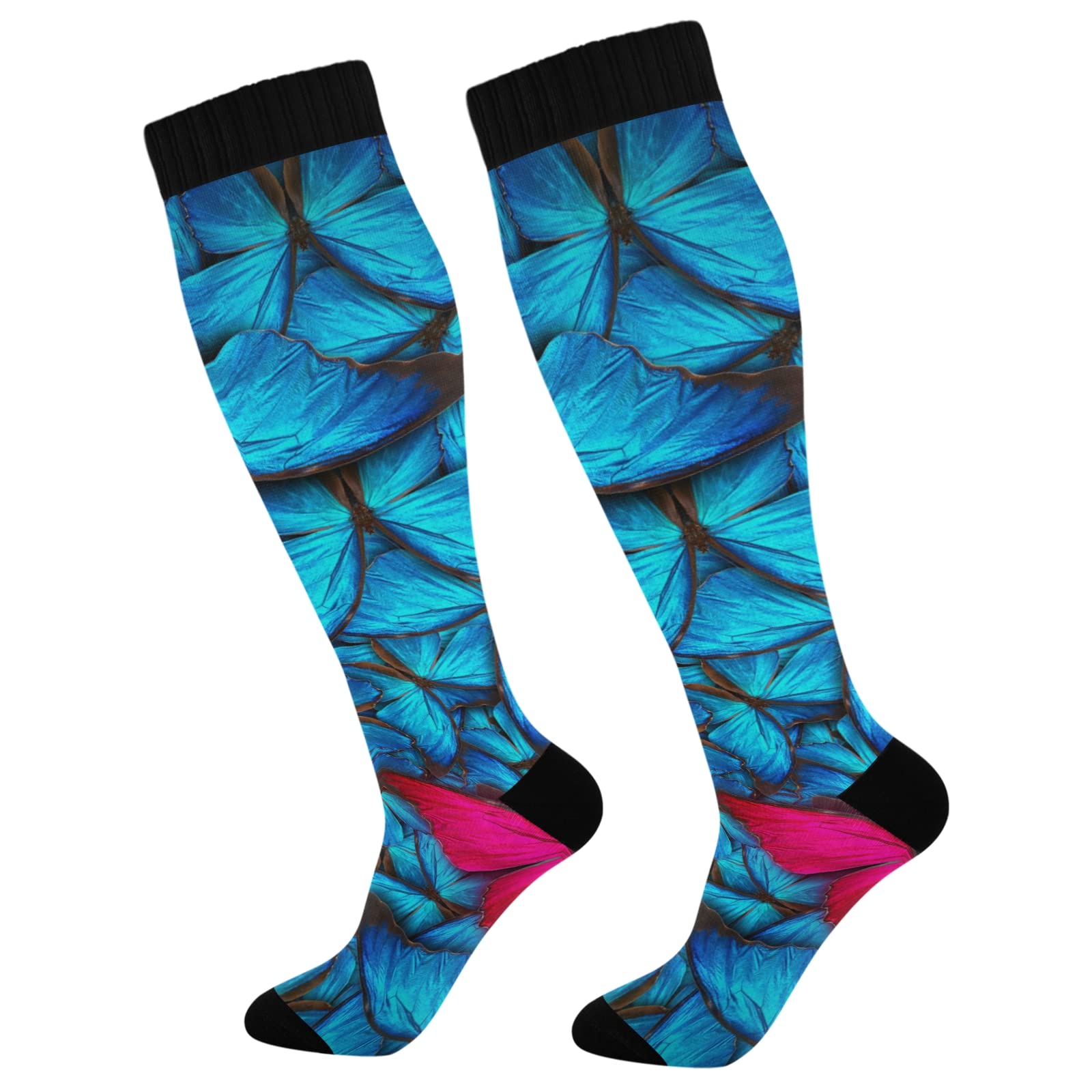 Xigua Red Butterfly Among Blue Butterflies Compression Socks for Women & Men - Improve Blood Circulation - Best for Running, Nursing, Travel & Cycling - Perfect for Athletes, Nurses & Frequent Travelers