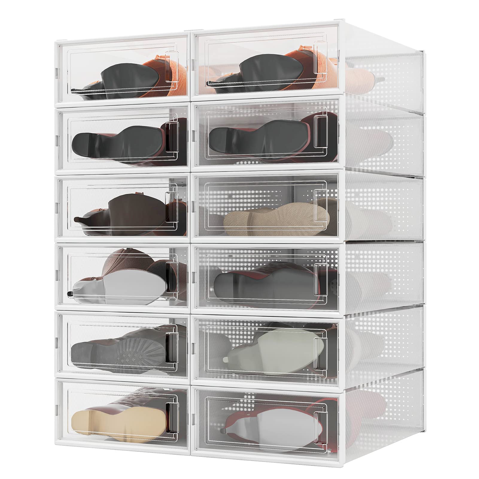 PARANTA 12-Piece Clear Plastic Shoe Storage Box with Door - Stackable Shoe Organizer for Women (20.5