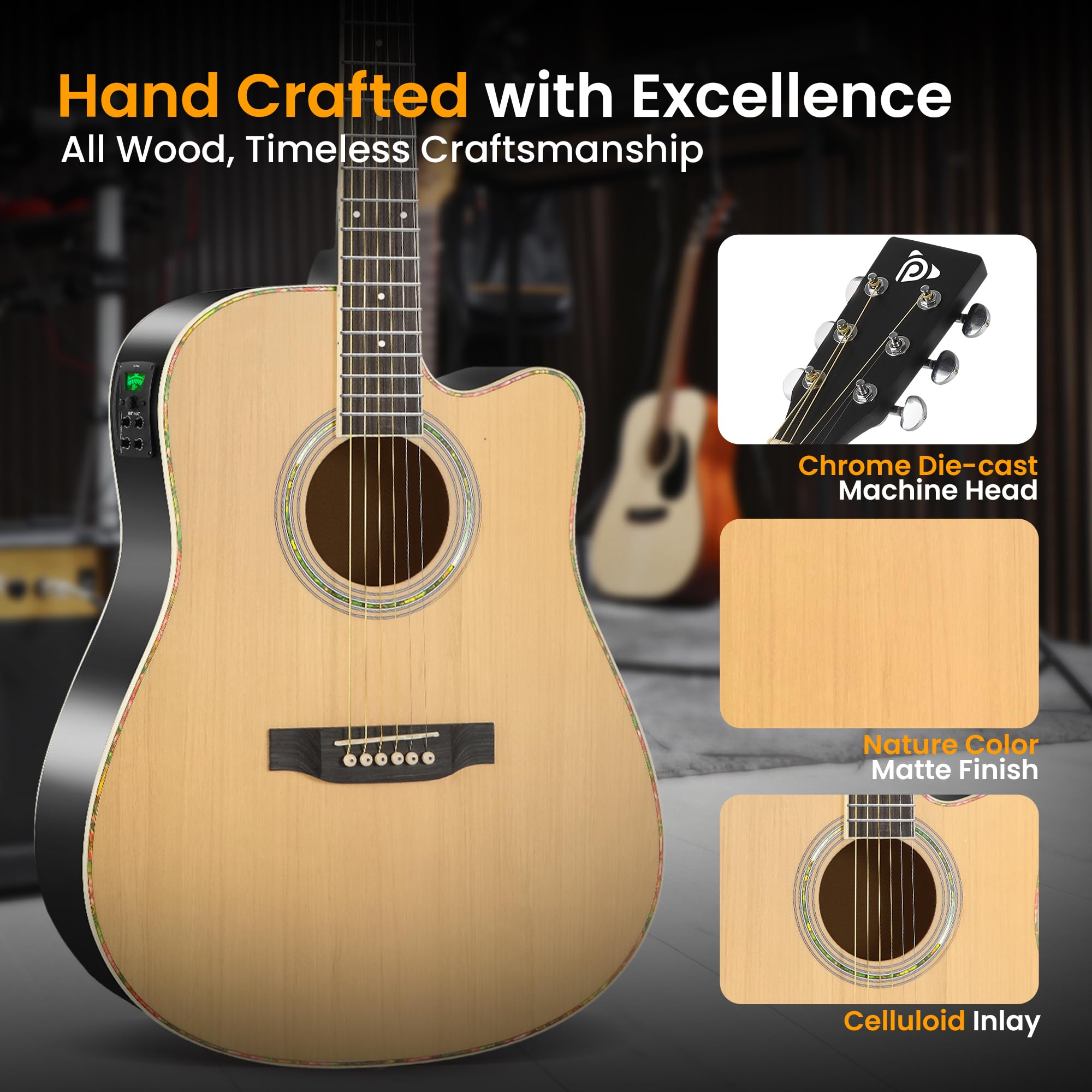 Pyle Cutaway Acoustic Electric Guitar and Amp Kit - Full Size 4/4 Spruce Wood Body with 10W Amplifier, Gig Bag, Strap, Extra Steel Strings, Picks & Cable - Perfect for Beginners & Adult Musicians - Ideal for Home Practice, Live Performances & Music Lessons (Natural Finish)
