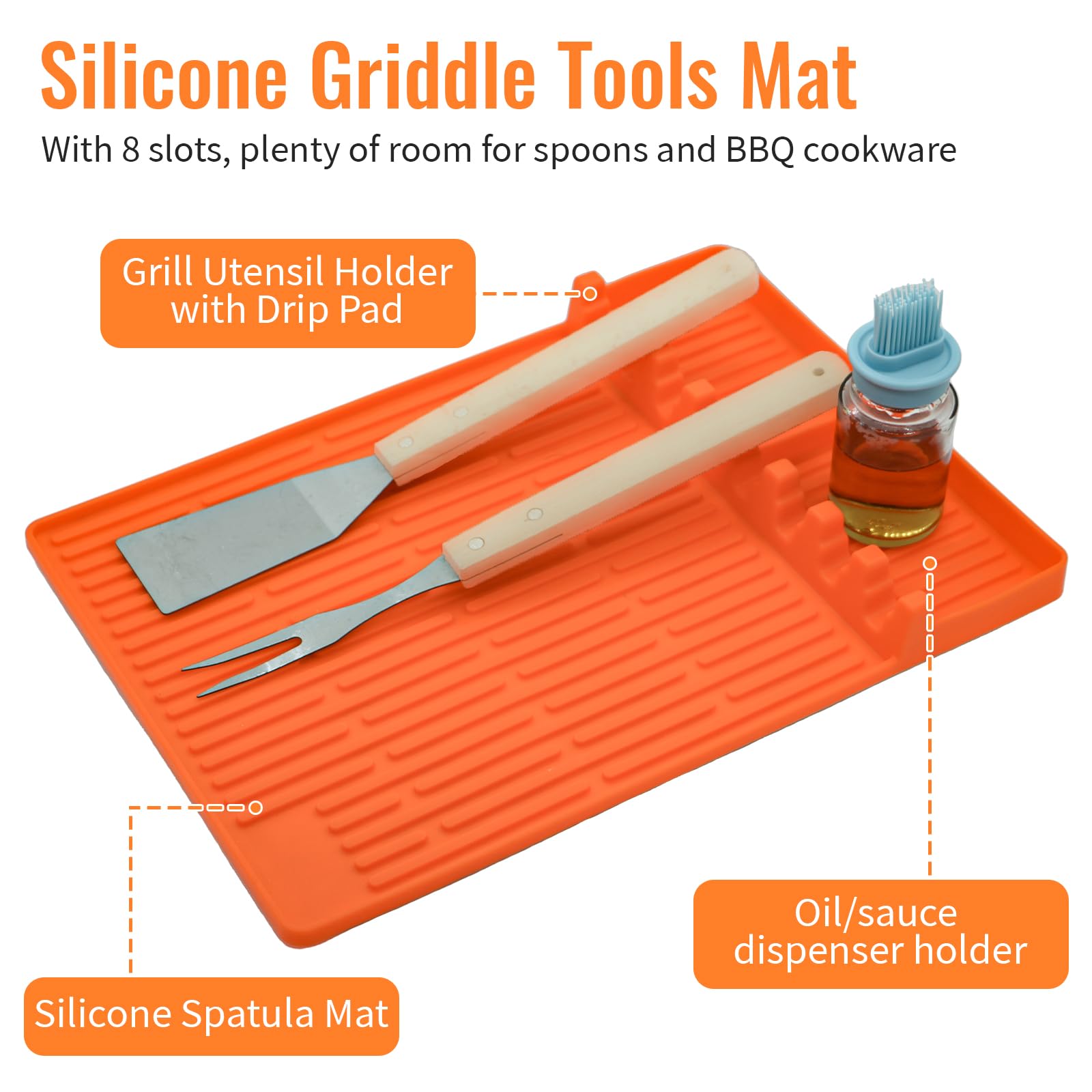 2PCS Silicone Griddle Tools Set - Non-Slip Spatula Mat & Grill Pad for Blackstone & Outdoor Grills - Heat-Resistant Food Grade BBQ, Baking & Prep Mats for Kitchen Counter (Orange) - Perfect for Backyard BBQs, Camping & Outdoor Cooking