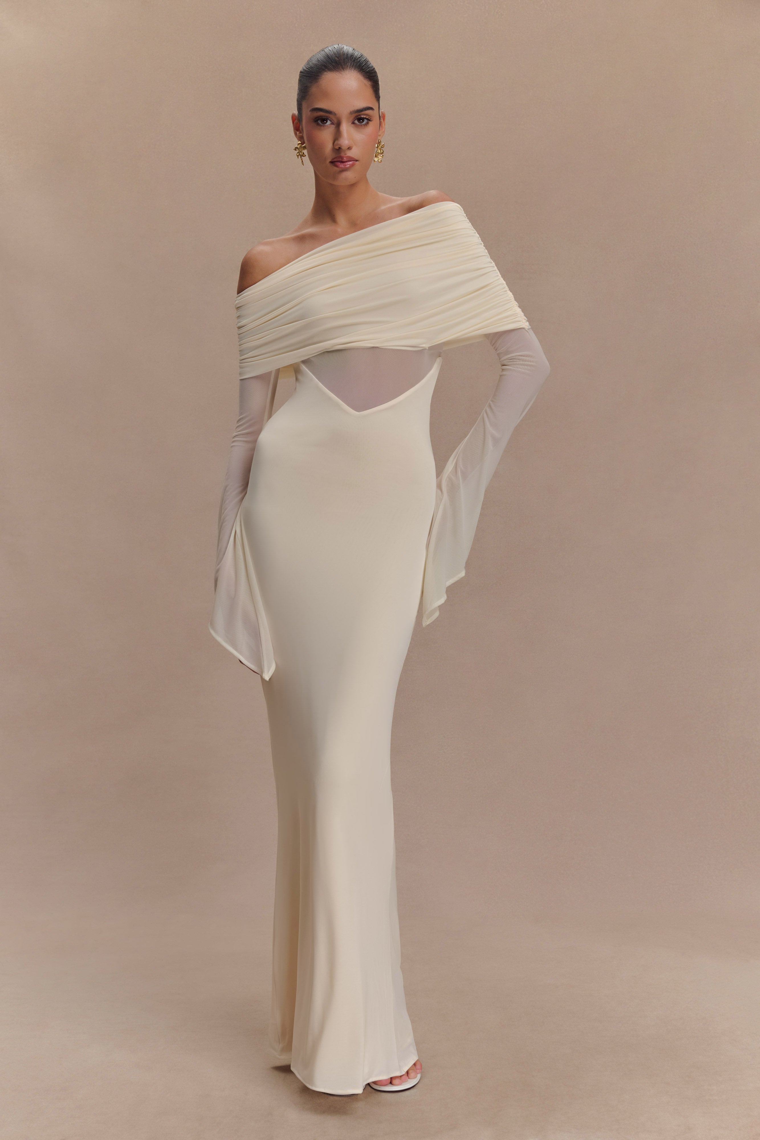 Kaitlin One Shoulder Slinky & Mesh Maxi Dress Ivory - Elegant Evening Gown for Prom, Wedding & Special Occasions