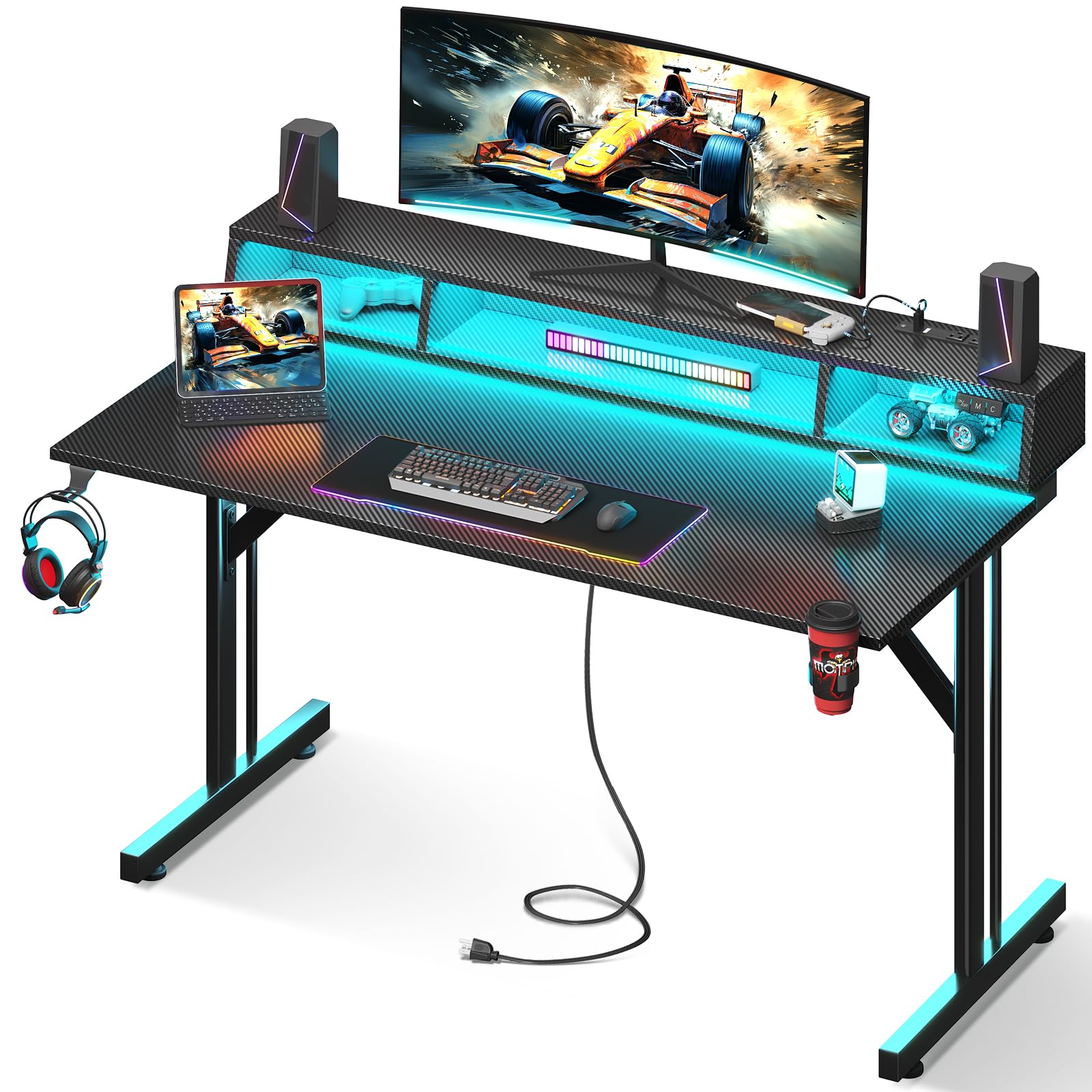 48 Inch LED Gaming Desk with Power Outlets & Floating Monitor Stand - Carbon Fiber Computer Table for Kids & Teens - Perfect for PC Gaming, Streaming & Home Office Setup