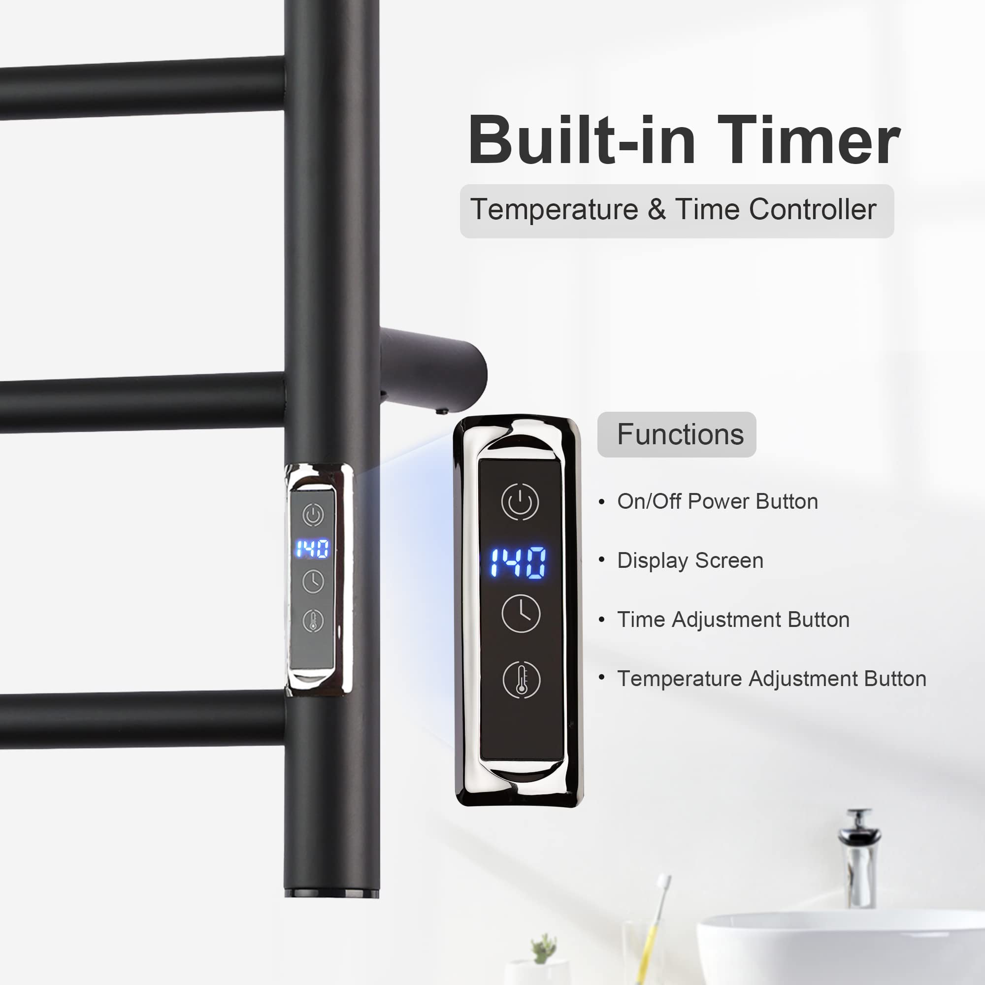 ETW29 Electric Towel Warmer with Built-in Timer - Wall Mounted Bathroom Heated Towel Rack, Plug-in Black - Perfect for Spa, Luxury Bathrooms & Cold Weather Comfort