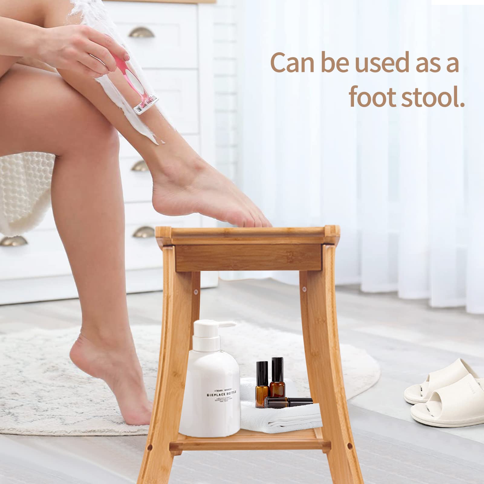 Gnomiya Bamboo Shower Bench with Handles & Storage Shelf - Wooden Shower Stool Seat for Bathroom, Spa, Shaving Legs & Relaxation - Non-Slip Bath Chair for Elderly & Disabled (Perfect for Small Spaces & Wet Rooms)