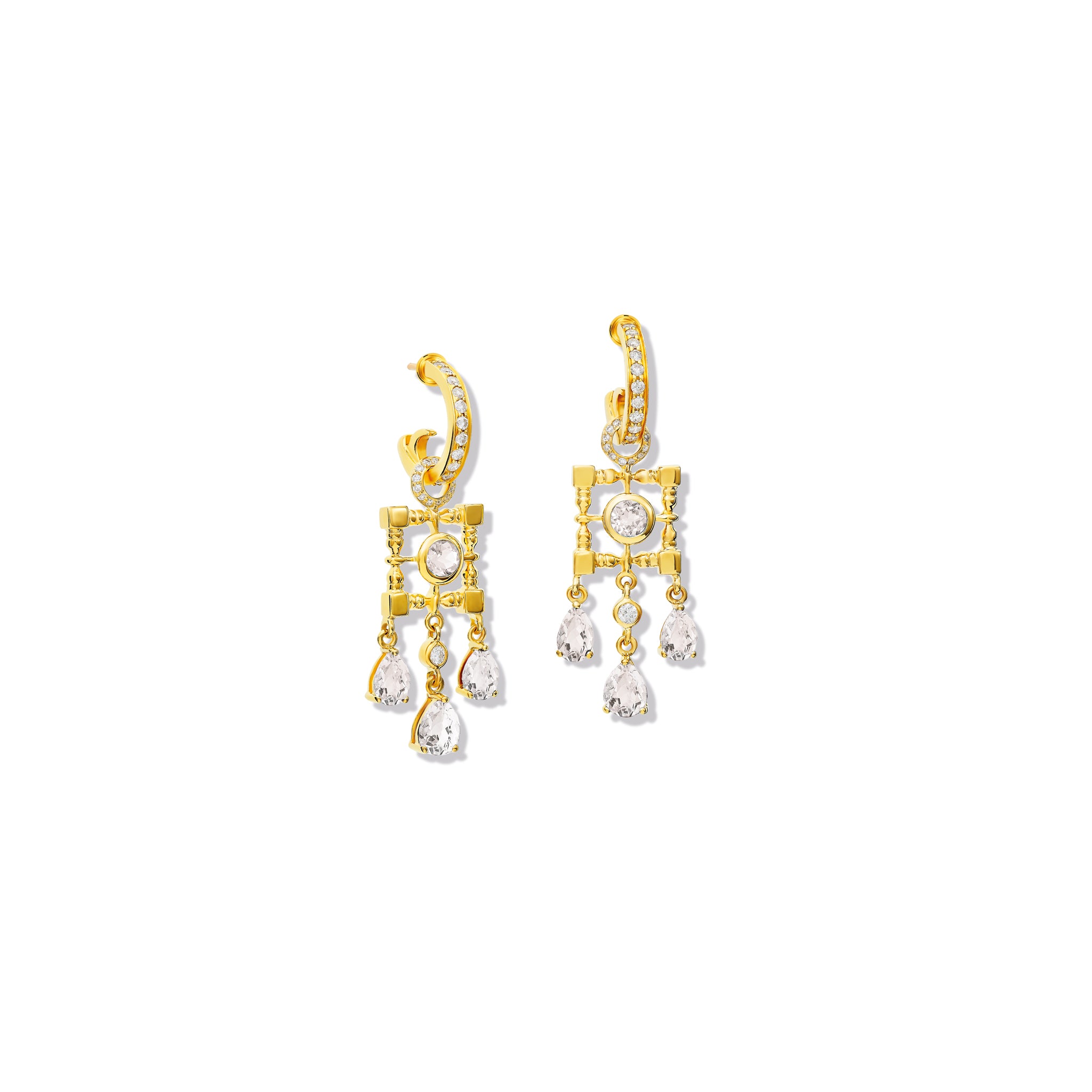 Elegant Mashrabiya Trellis Drop Earrings in Yellow Gold with White Sapphire & Diamond | Perfect for Weddings, Parties & Special Occasions