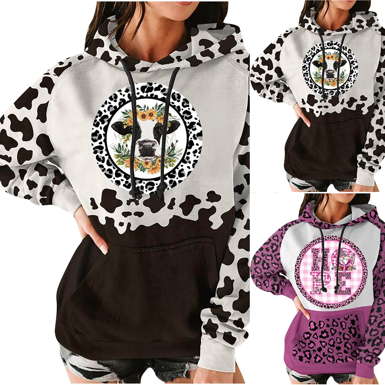Women's Lightweight Color Block Hooded Sweater - Drawstring Hoodie Pullover with Leopard Stitching & Pocket | Casual Loungewear, Streetwear Fashion for Fall & Winter