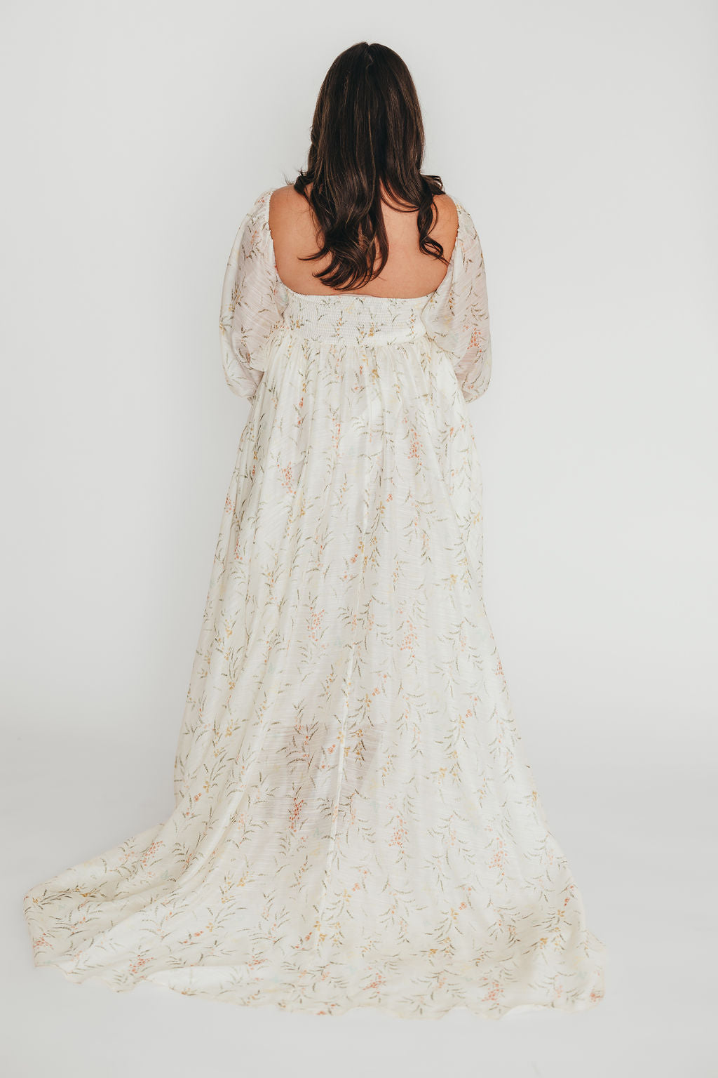 Delilah Cream Floral Maternity Dress with Train - Bump Friendly Wedding Guest Dress for Baby Showers & Special Occasions