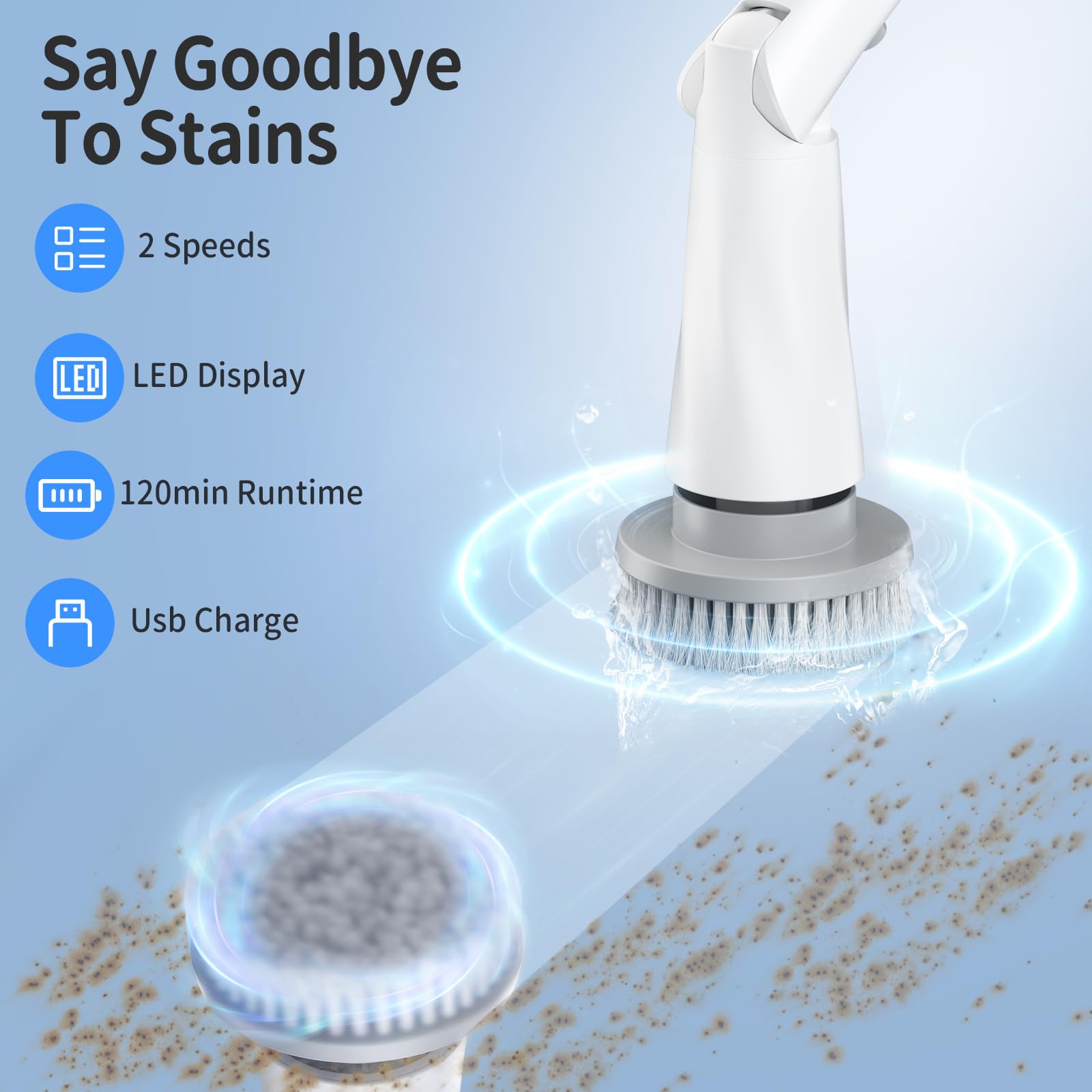 Electric Spin Scrubber with Long Handle - 8 Replaceable Heads & Battery Display - 2 Speed Adjustable Cleaning Brush for Shower, Tub, Tile, Floor - Perfect for Bathroom Deep Cleaning & Hard Water Stain Removal