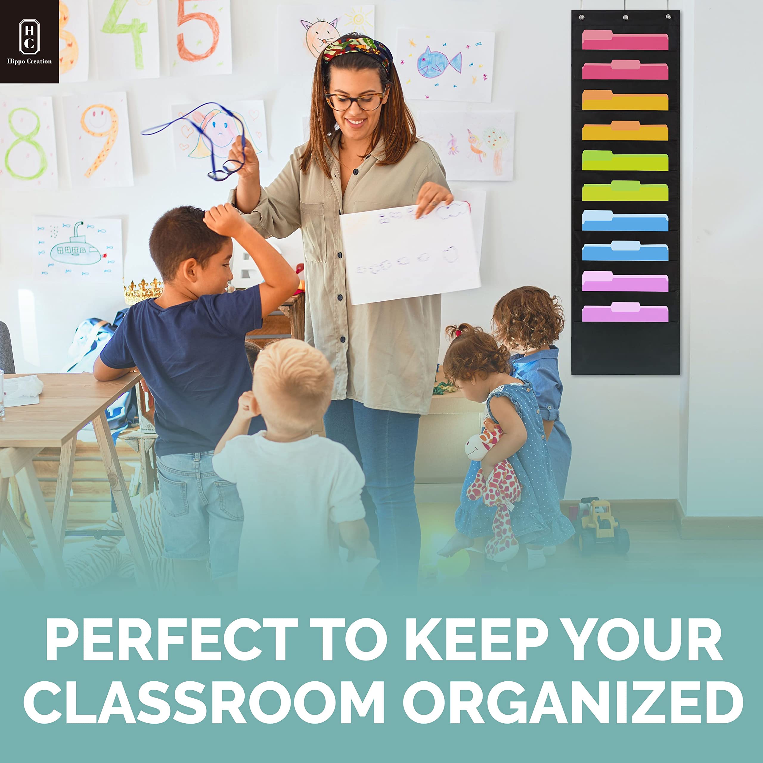 Heavy Duty 10-Pocket Storage Organizer with Over-Door Hangers - Wall Mount File Folder Holder for Classroom, Home Office & School Mailbox - Black | Perfect for Organizing Papers, Documents & Supplies