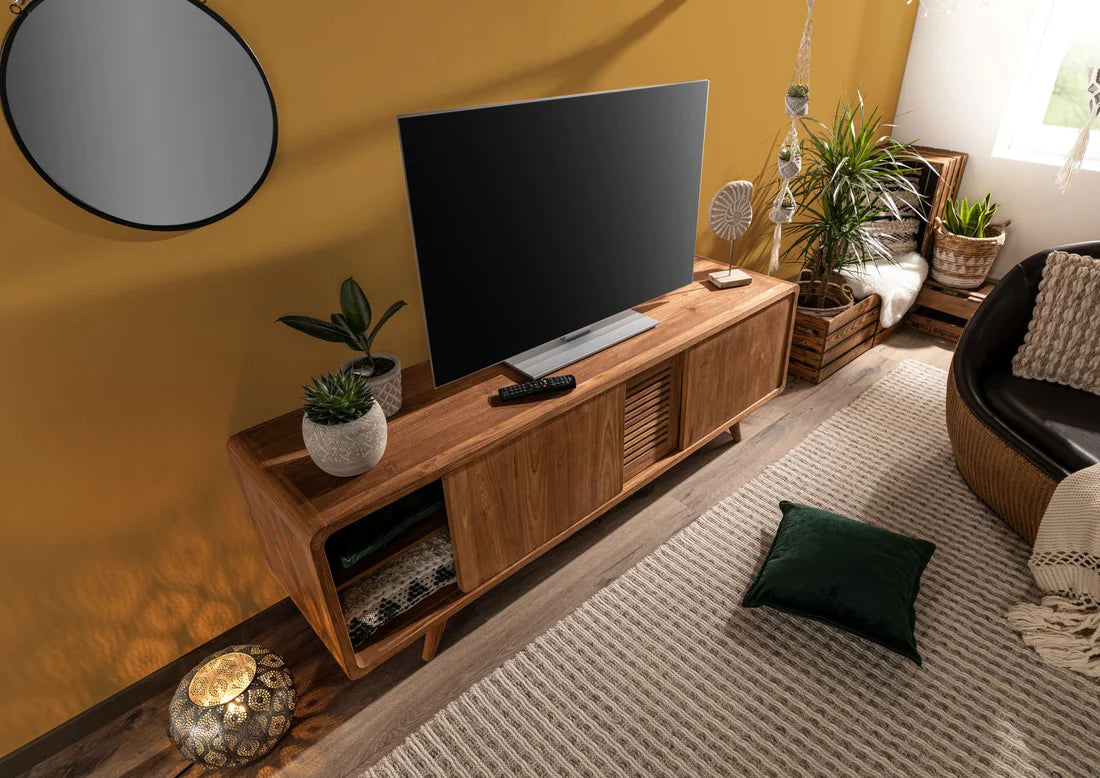 Premium Solid Acacia Wood TV Stand with 3 Doors - 180x45x60Cm Modern Entertainment Center for Living Room, Bedroom & Home Theater
