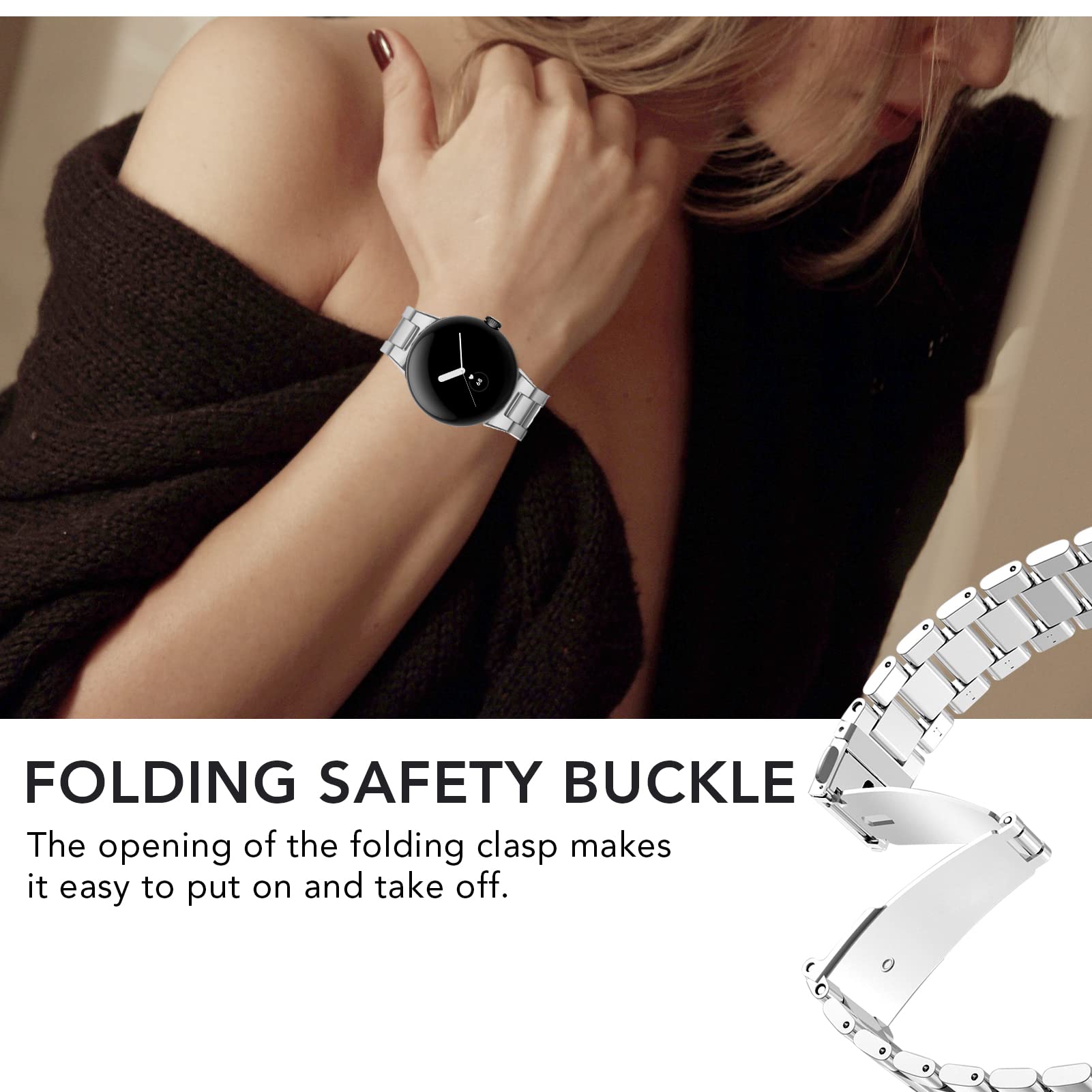 Google Pixel Watch 3 45mm Band - Aresh Stainless Steel Metal Strap for Women & Men, Adjustable No Gap Design, Silver (2024) - Perfect for Workouts, Office & Daily Wear