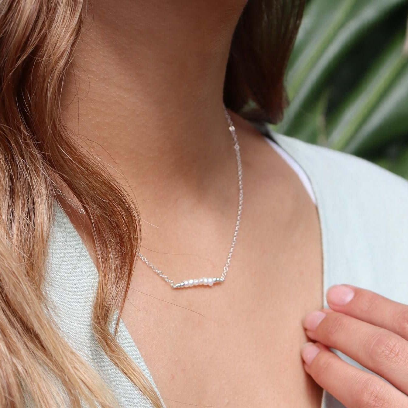 Elegant Sparkling White Freshwater Pearl Bar Necklace - Dainty Tiny Bead Jewelry for Women - Perfect for Weddings, Parties & Everyday Wear