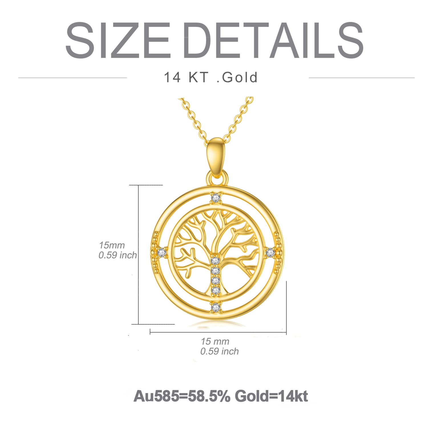 14K Real Gold Tree of Life Necklace for Women - Yellow Gold Family Tree Pendant with Cubic Zirconia - Elegant Jewelry Gift for Birthday, Christmas, Anniversary - 16+1+1 Inch - Perfect for Everyday Wear, Special Occasions & Meaningful Gifts