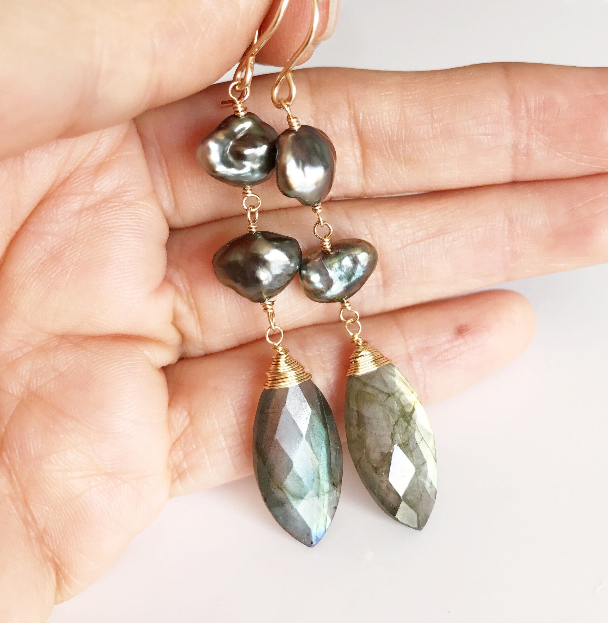 Labradorite & Keshi Tahitian Pearl Earrings (E378) – Elegant Handmade Jewelry for Women, Perfect for Weddings, Parties, and Special Occasions