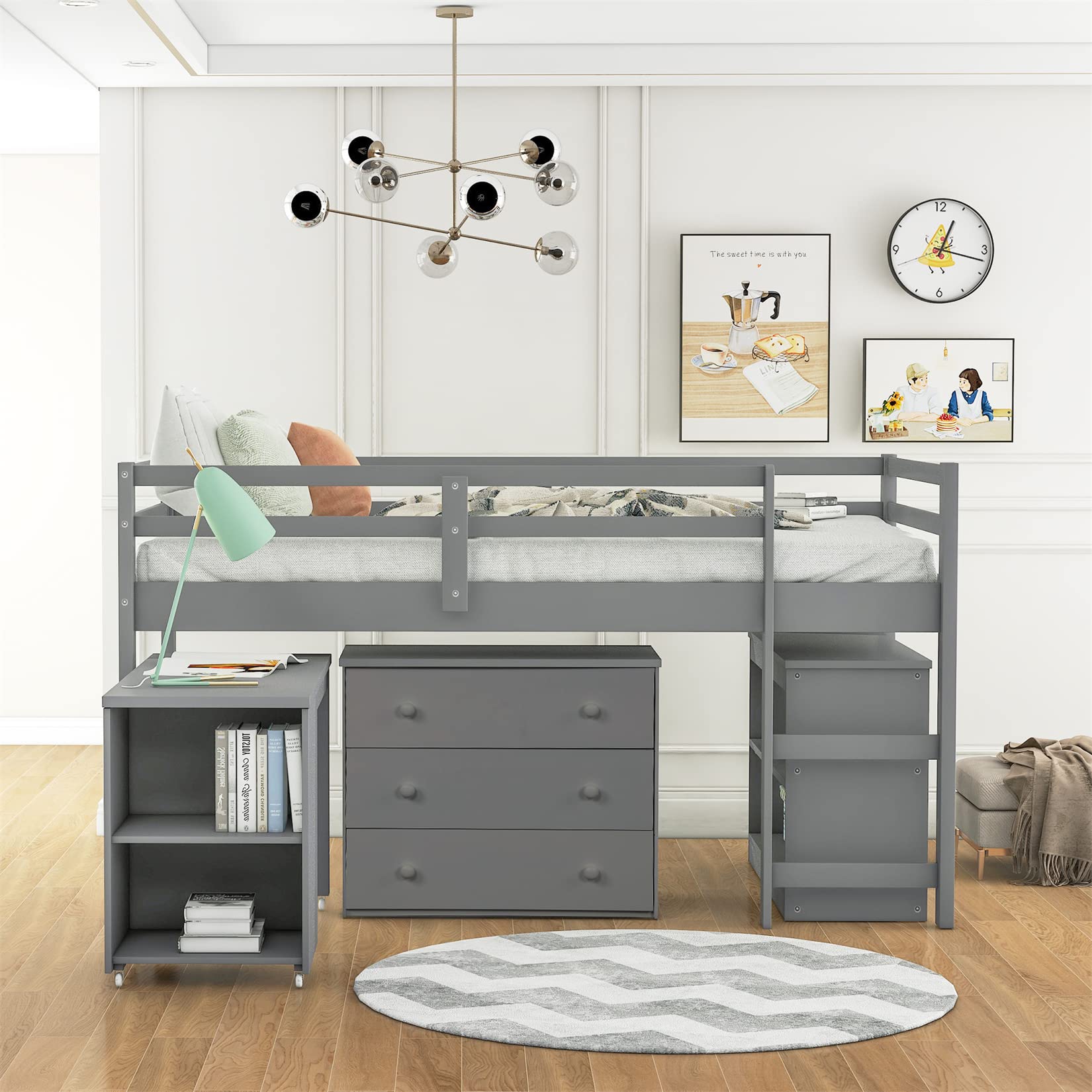 Wooden Low Loft Bed Frame with Storage Cabinet & Rolling Desk for Kids & Teens - Twin Size, Gray - Perfect for Small Bedrooms, Dorm Rooms & Kids' Spaces