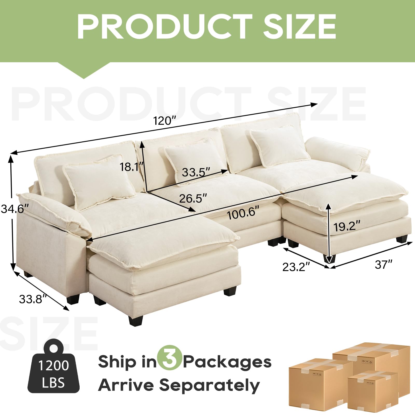Modular Sectional Sofa with Ottoman - U-Shaped Cloud Couch in Soft Chenille Fabric, Deep Seat Sleeper Sofa with Throw Pillows (Beige White, 120