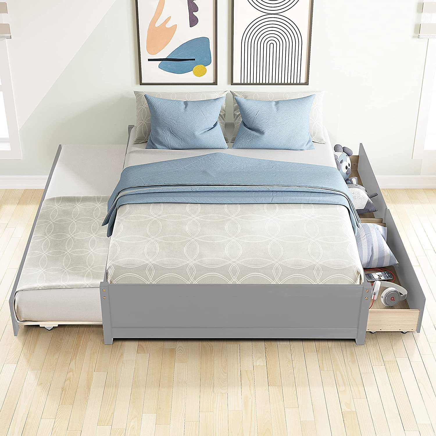**Rophefx Solid Wood Full Size Platform Bed with Twin Trundle & 2 Drawers - Grey - Kids Bedroom Furniture for Space Saving & Guest Sleepovers**