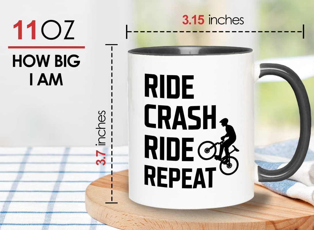 2-Tone Black 11oz Mountain Bike Coffee Mug - Ride Crash Ride Repeat - Perfect Gift for Dirt Bike, Bicycle & Road Cycling Enthusiasts - Ideal for Coffee Breaks, Office Use & Outdoor Adventures