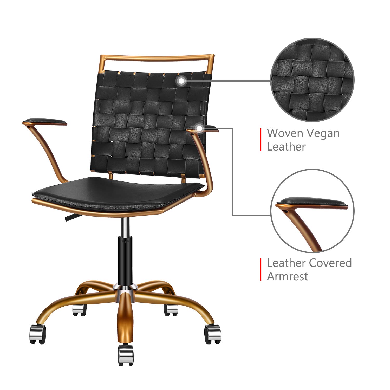 Ergonomic Office Chair with Vegan Leather - Black & Gold Swivel Desk Chair for Home & Reception, Extra Back & Lumbar Support | Perfect for Long Work Hours, Gaming & Conference Rooms