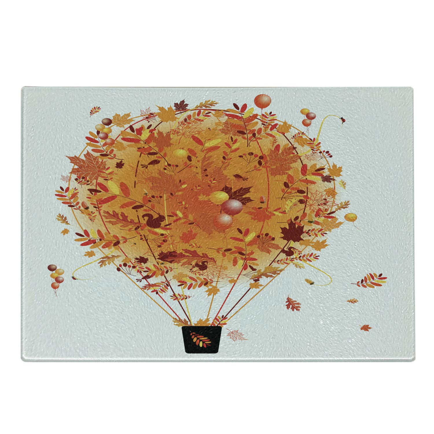 Ambesonne Autumn Themed Cutting Board - Fall Balloon & Leaf Adventure Design, Tempered Glass Serving Board for Kitchen & Dining, Small Size in Dark Orange, Ruby Black & Mustard - Perfect for Holiday Entertaining & Seasonal Decor