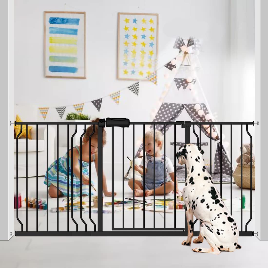 Fairy Baby Walk Through Black Baby Gate 38.5-43.5 Inch Wide - Pressure Mounted Safety Gate with Door, No Drill Installation, Tension Metal Gate for Dogs & Toddlers - Perfect for Stairs, Hallways & Doorways