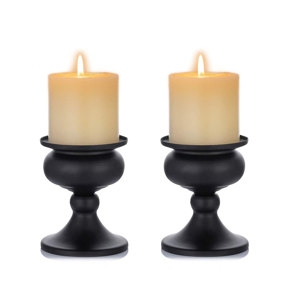 2Pcs Matte Black Metal Pillar Candle Holders - Elegant Candle Centerpiece for Table, Mantle & Fireplace Decor - Perfect for Weddings, Dinner Parties & Cozy Home Ambiance (Size S)