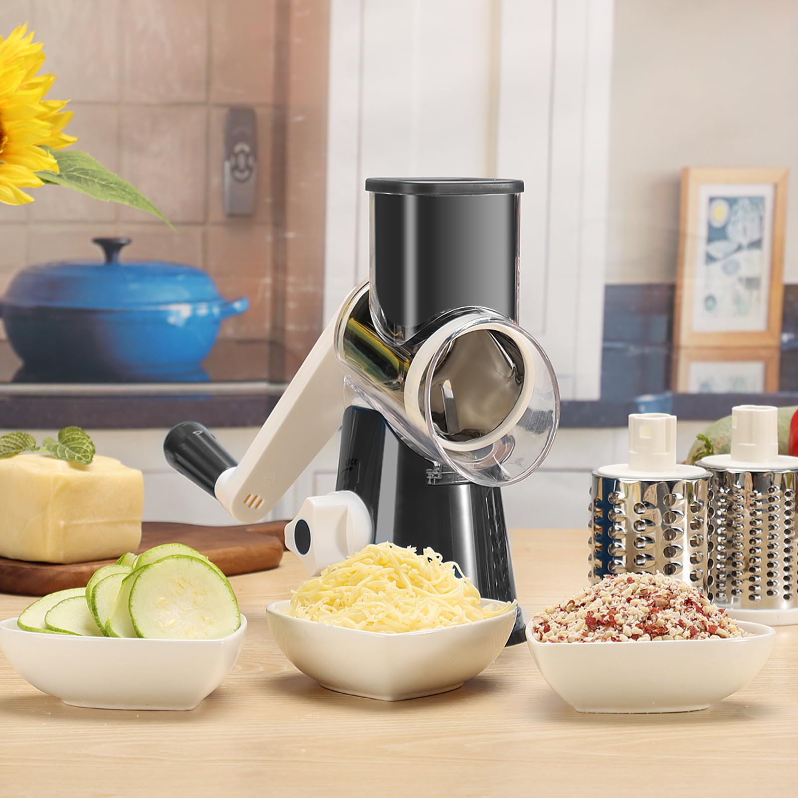 Cambom Rotary Cheese Grater - Hand Crank Cheese Shredder for Fresh Cheese, Vegetables & Nuts with Non-Slip Suction Base - Includes Free Cleaning Brush & 3 Blades (Black) - Perfect for Kitchen, Pizza Making & Food Prep