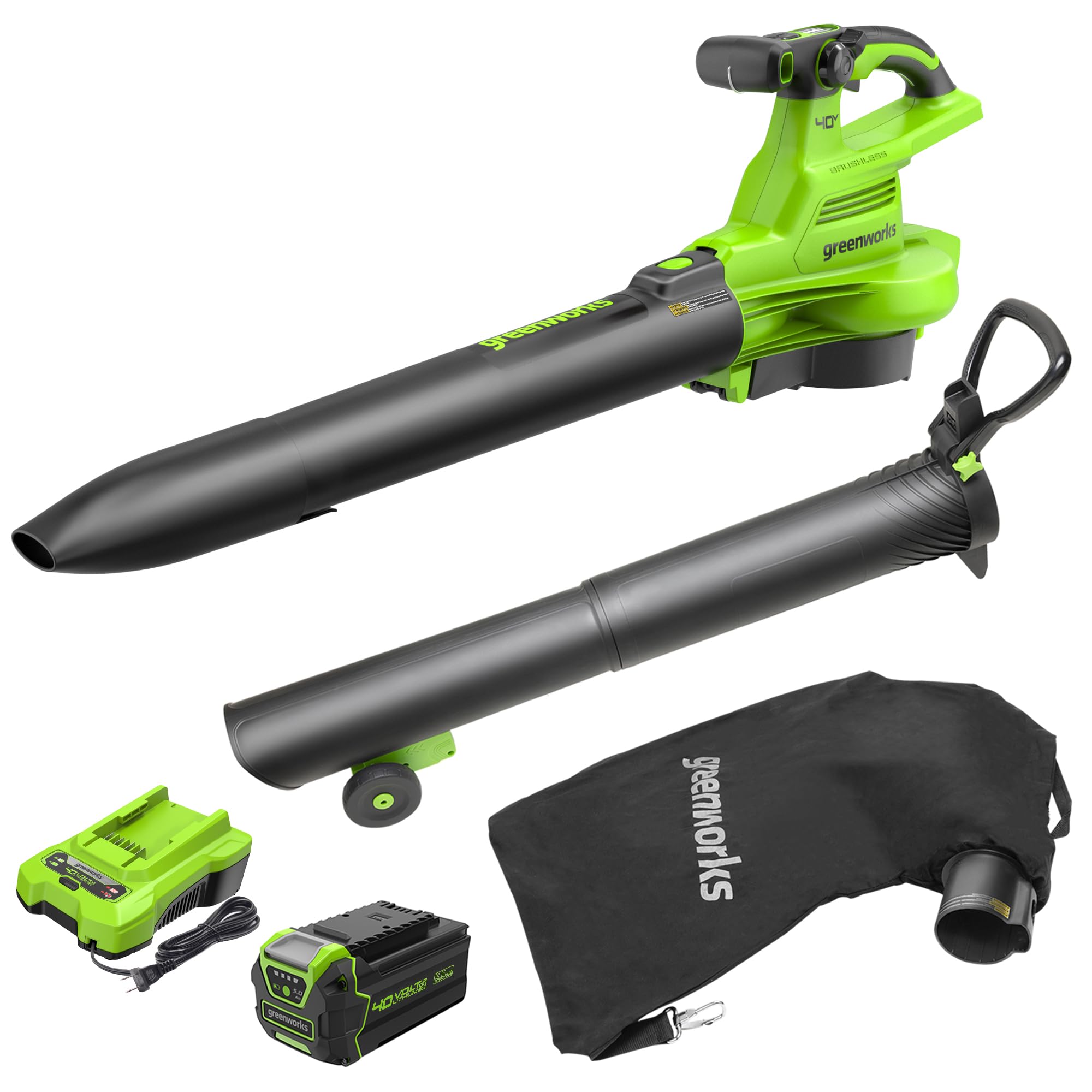 Greenworks 40V Cordless Leaf Blower & Vacuum - 230 MPH, 505 CFM, Brushless Motor, 5.0Ah Battery & Charger Included - Lightweight, Quiet Yard Blower for Leaves, Grass Clippings & Debris - Perfect for Driveway, Patio & Lawn Cleanup