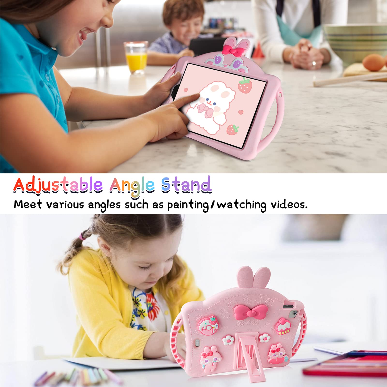 iPad Air 5th/4th Gen & iPad Pro 11 Inch Case with Adjustable Shoulder Strap - Cute Rabbit Soft Silicone Protective Cover for Girls - Perfect for School, Travel, and Daily Use
