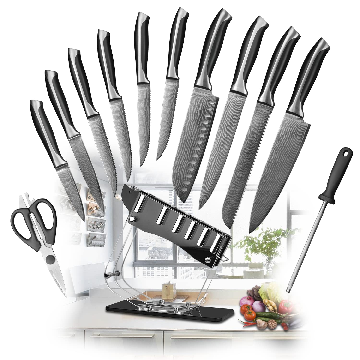 Premium 10+3 Piece Damascus Steel Kitchen Knife Set with Scissors, Peeler & Sharpener - Includes Acrylic Holder for Home Chefs & Professional Cooking Enthusiasts - Perfect for Slicing, Dicing, Chopping & Food Prep in Modern Kitchens