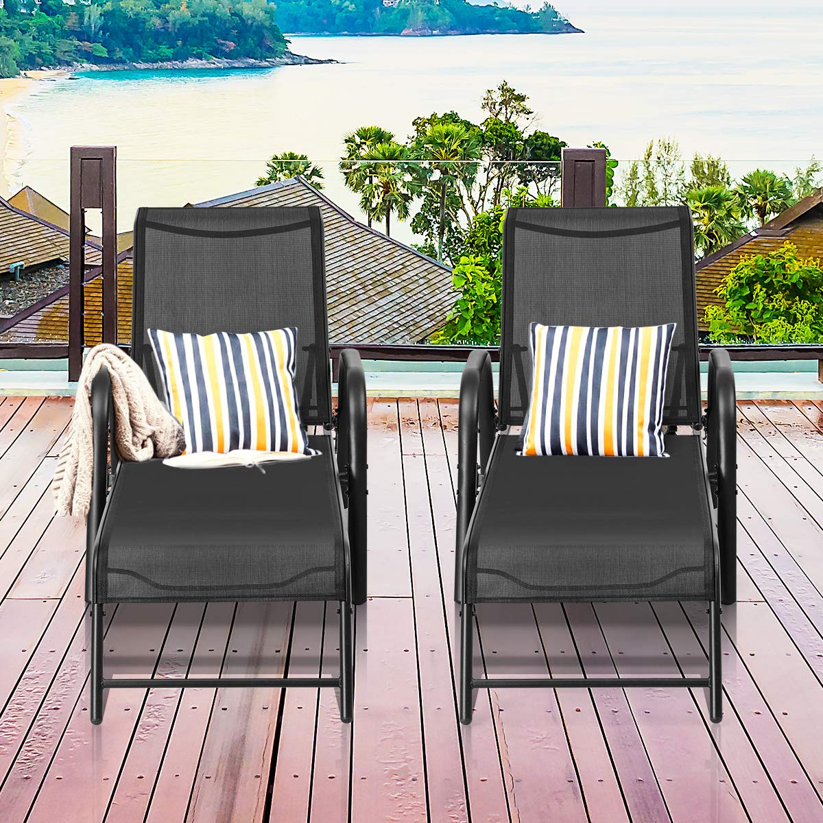 Tangkula Outdoor Patio Lounge Chaise Set of 2 - Adjustable Folding Reclining Chairs with 5-Position Backrest - Durable Sling Chaise Lounge for Patio, Beach, Porch & Poolside Relaxation | Perfect for Sunbathing, Lounging by the Pool or Backyard Relaxation