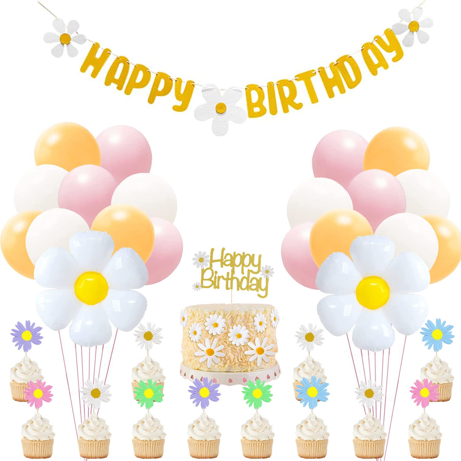 Daisy Flower Birthday Party Decorations Set - Happy Birthday Banner, Cake Topper & Large Balloons for Boho Hippie Themed Party | Perfect for Girls' Birthday, Baby Shower & Spring Celebrations
