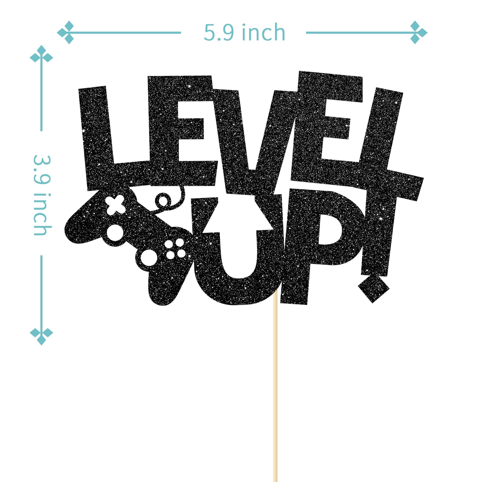 Level Up Video Game Cake Topper - Black Glitter Birthday Party Decorations for Kids | Perfect for Gaming Theme Birthday Parties, Cake Decorations & Party Favors