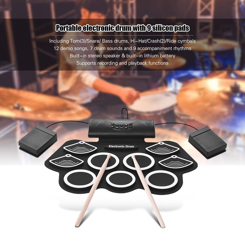 Electronic Drum Pad with Built-In Stereo Speaker | Portable Roll-Up Drum Kit with Headphone Jack, Drum Sticks & Foot Pedals | Perfect Holiday & Birthday Gift for Kids & Beginners | Ideal for Home Practice, Music Lessons & Live Performances