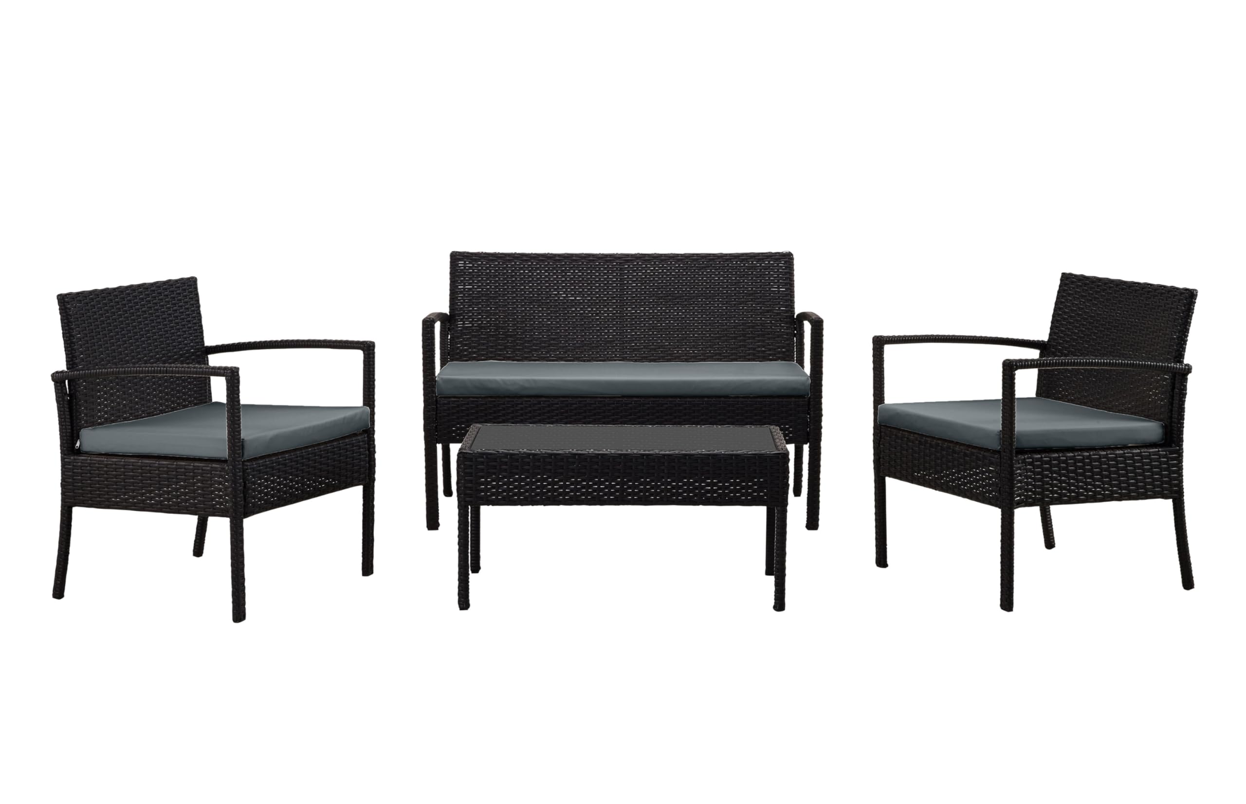 Manhattan Comfort Noli 4-Piece Outdoor Patio Furniture Set - Steel Rattan Conversation Set with 2 Armchairs, Loveseat & Tempered Glass Coffee Table | Waterproof Cushions | Grey | Perfect for Garden, Backyard, Poolside & Terrace Relaxation