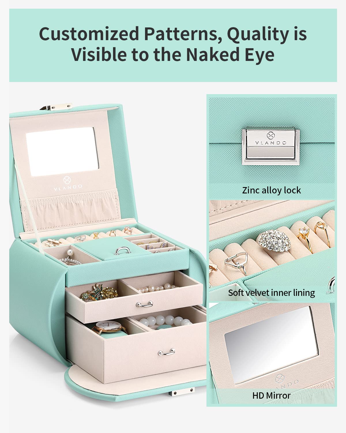 Vlando 3-Layer Princess Jewelry Box for Girls 8-14 with Mirror | Mint Green Jewelry Organizer Storage | Perfect Christmas Gift for Teens & Little Girls | Birthday Present, Bedroom Decor, Dresser Accessory