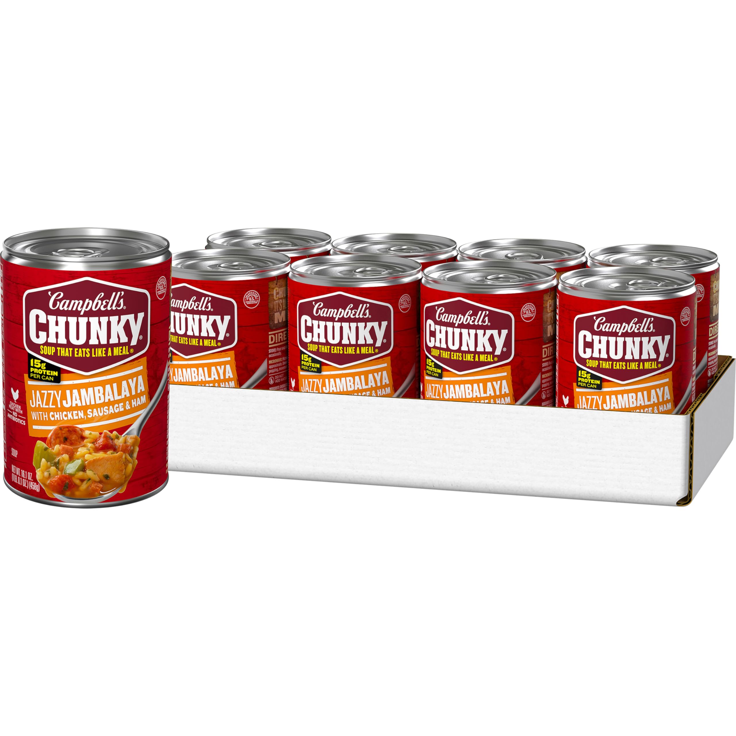 Campbell’s Chunky Soup - Jazzy Jambalaya with Chicken, Sausage & Ham, 16.1 oz Can (Pack of 8) | Hearty & Spicy Meal for Lunch, Dinner or Quick Snack | Easy-to-Store Pantry Essential for Busy Families & Camping Trips