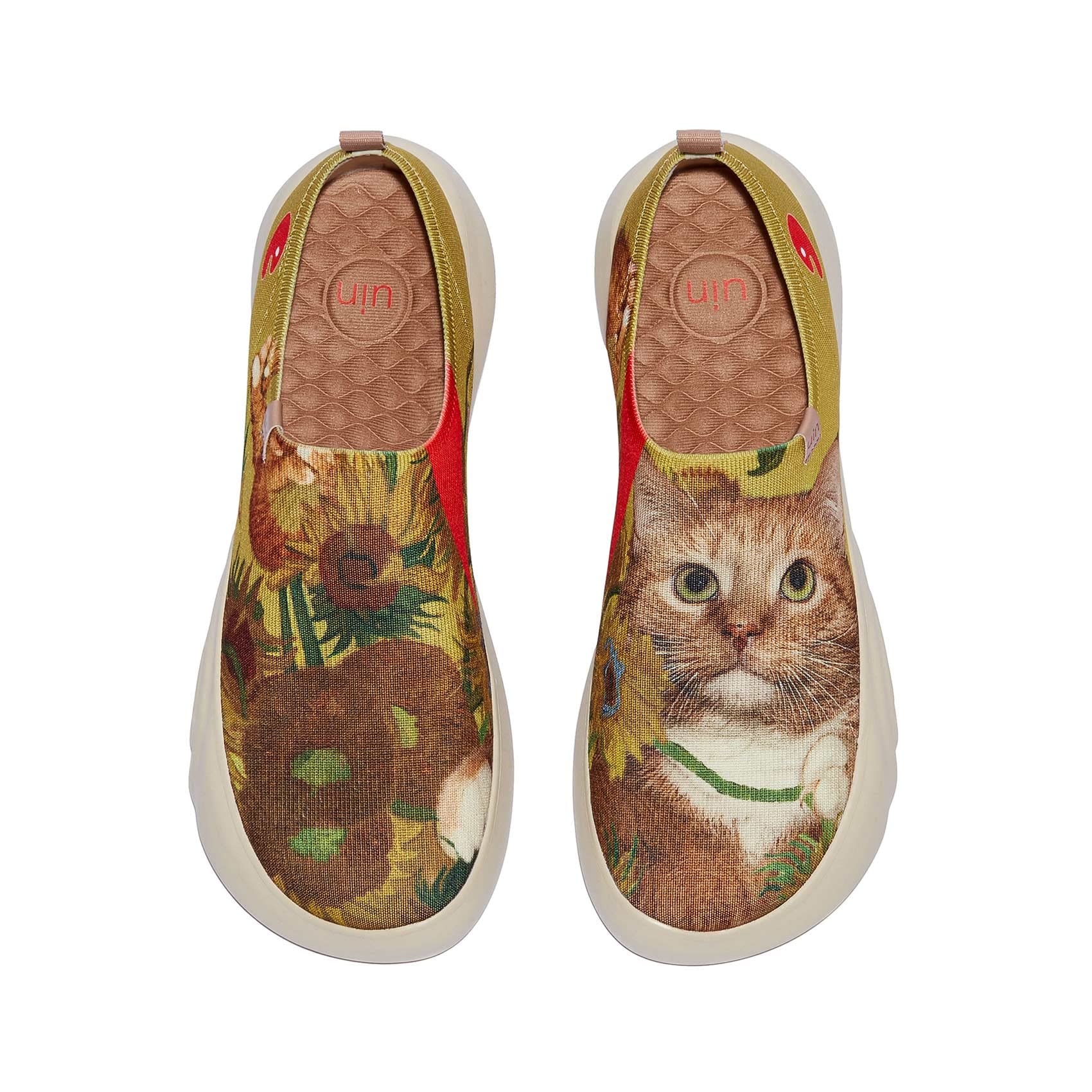 UIN x FatCatArt Women's Fashion Sneakers - Lightweight Slip-On Walking Shoes with Sunflower & Cat Design | Size 9.5 | Perfect for Travel, Casual Wear & Art Lovers