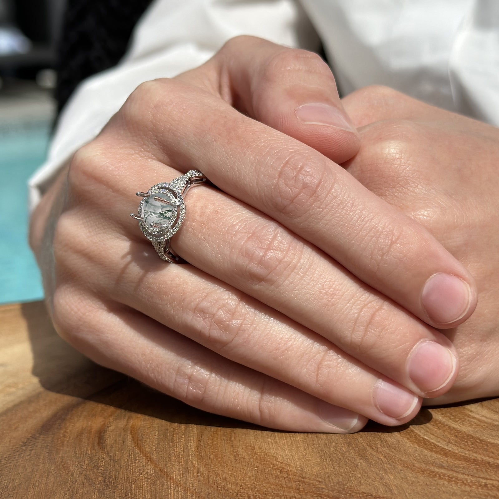 14K White Gold Round Halo Natural Green Moss Agate Twisted Split Shank Diamond Engagement Ring for Women - Perfect for Weddings, Anniversaries & Special Occasions