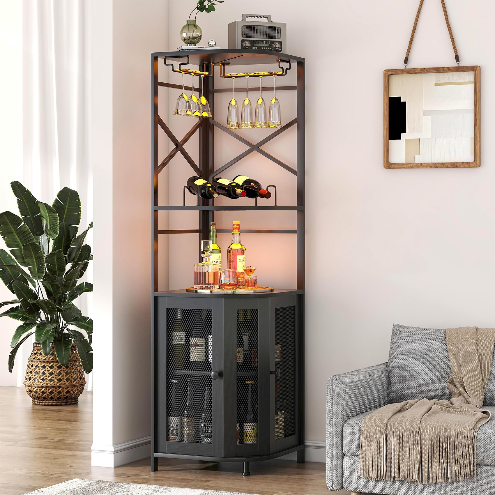 Industrial 5-Tier Corner Bar Cabinet with LED Strip & Power Outlet - Modern Wine & Liquor Display Cabinet with Glass Holder for Home, Office or Small Spaces - Black