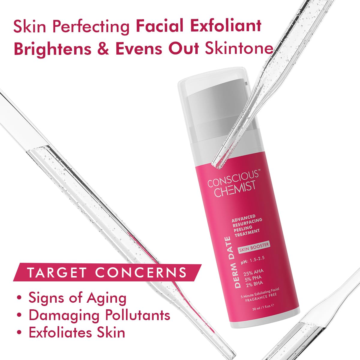 Conscious Chemist® 25% AHA, 2% BHA, 5% PHA Exfoliating Peel Solution - 30ml Anti-Aging Face Serum for Men & Women | Dermatologist Approved for Skin Resurfacing & Brightening | Perfect for Nighttime Skincare Routine & Acne Treatment