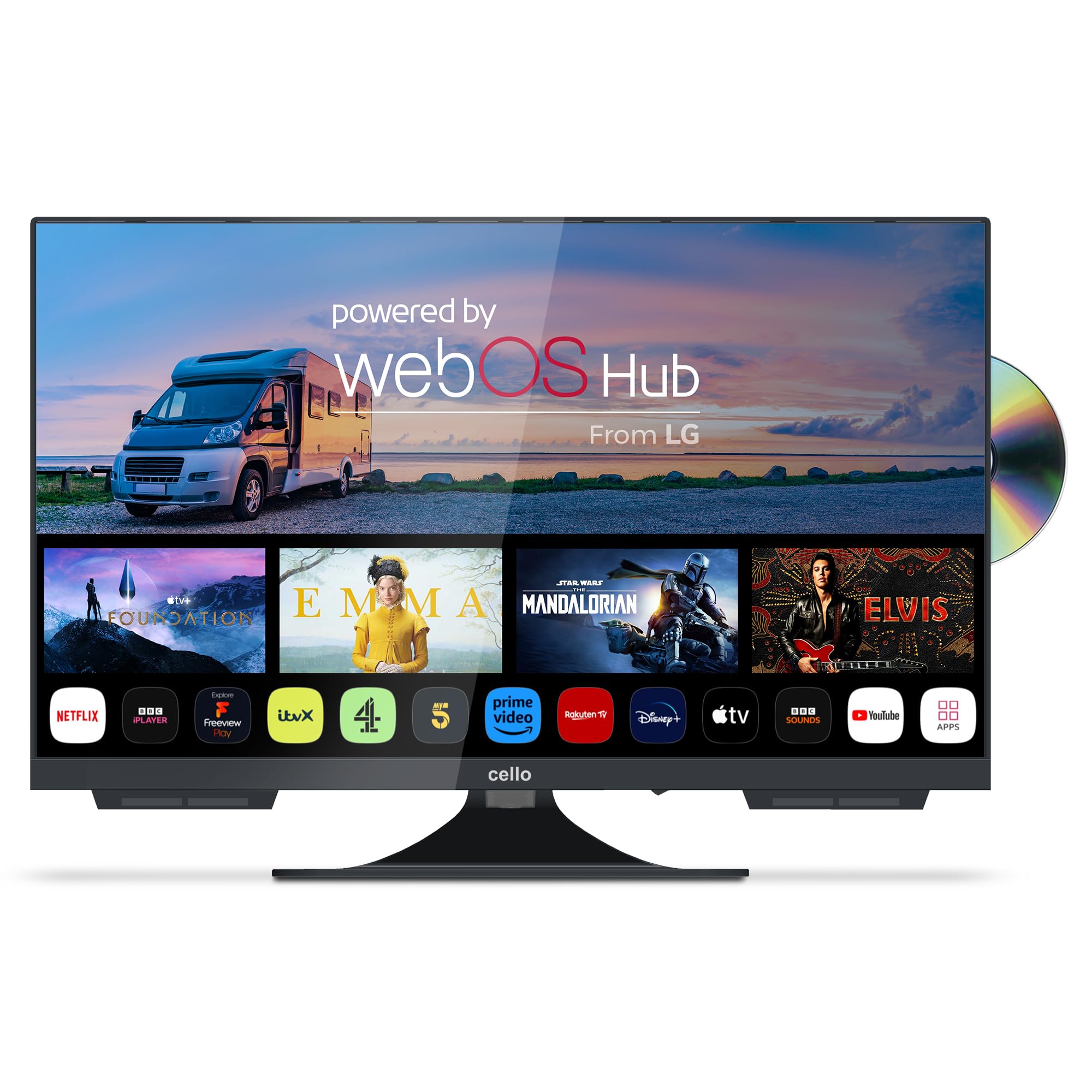 Cello C2224WSF 12V 22-Inch Smart Frameless Travel TV with Built-in DVD Player, WebOS, Freeview Play, Bluetooth & Netflix - Perfect for Motorhomes, Boats & Compact Spaces