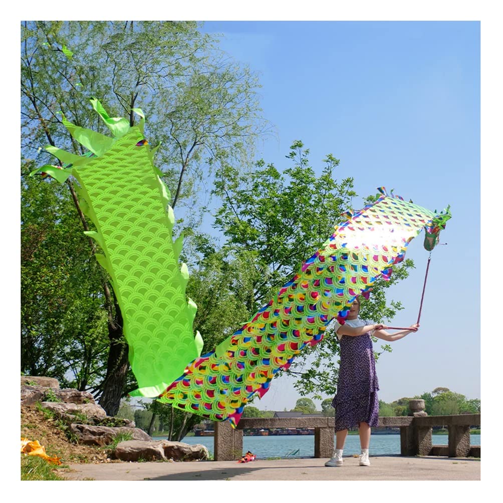 Vibrant Silk Dragon Dance Streamers - 8m/26ft Dragon Print Outdoor Fitness Belt for Adults & Kids - Portable Gymnastics & Dance Prop for Festivals, Performances, and Playtime (Green)